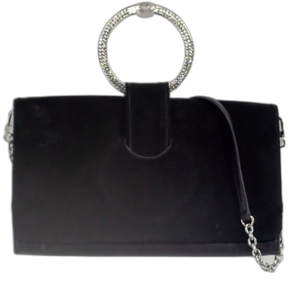 Diane von Furstenberg Black Clutch Bag Suede & Leather w/Strap Rhinestone Handle